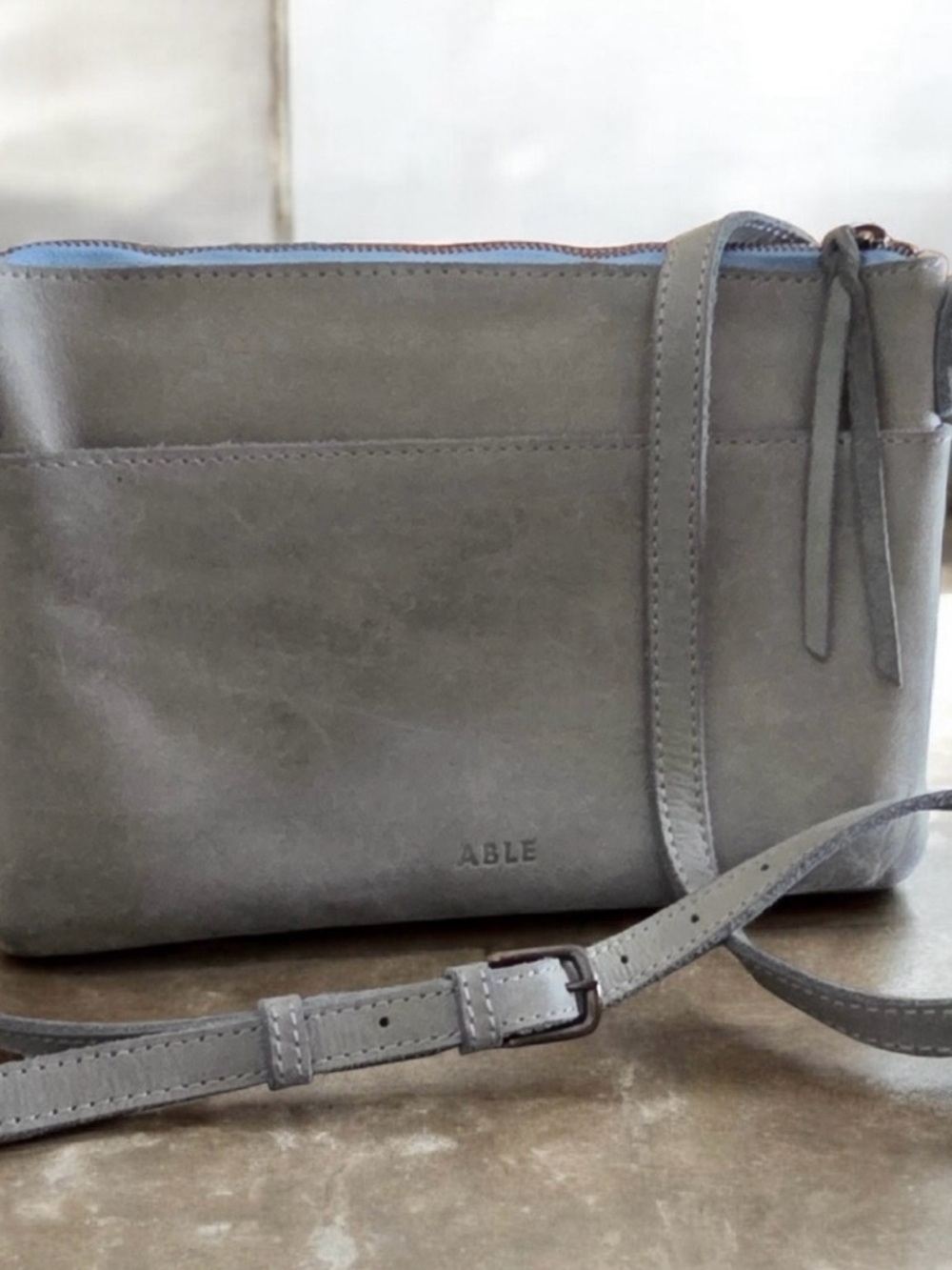 ABLE Nubuck Leather Crossbody Bag Minimalist Gray Handmade Ethical Small Bag